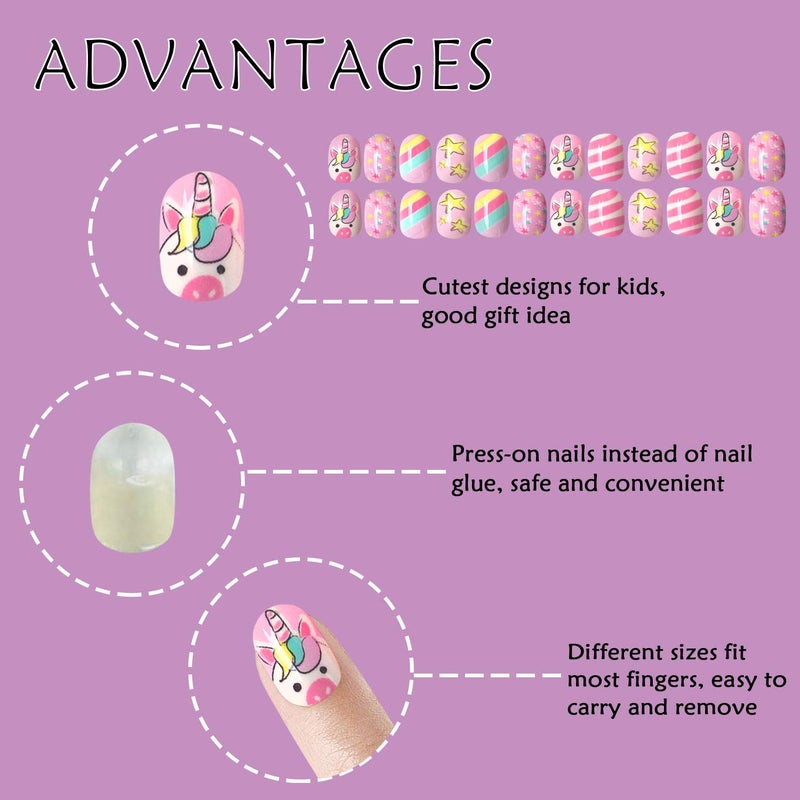 Laza 120pcs Children Nails Press On Pre-glue Full Cover Glitter Gradient Color Rainbow Sparkling Star Unicorn Shell Short False Nail Kits for Kids Teenager Girls - Legend of Unicorn - Image 5